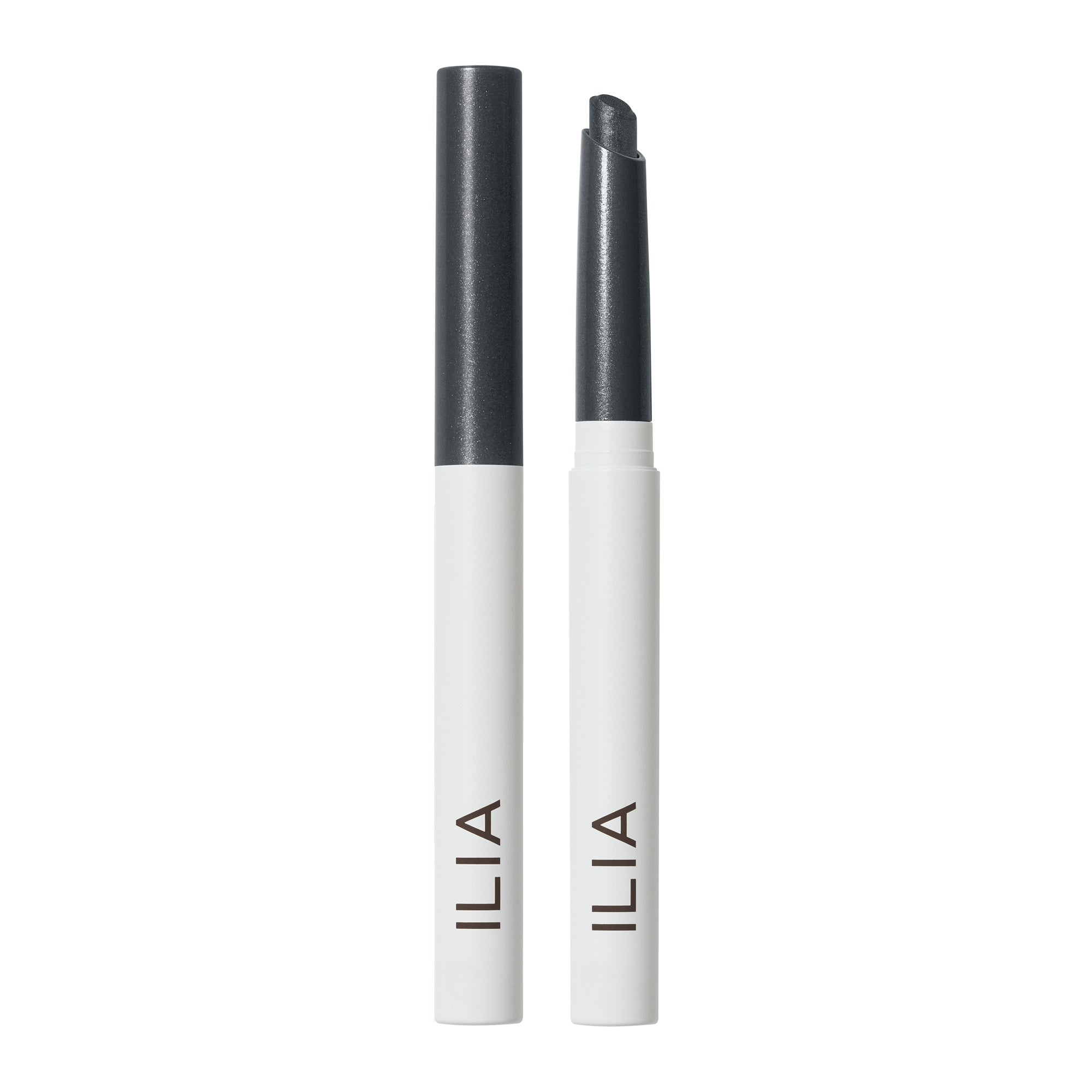ILIA Eye Stylus Shimmer white and black pen with cap on white background, eye makeup