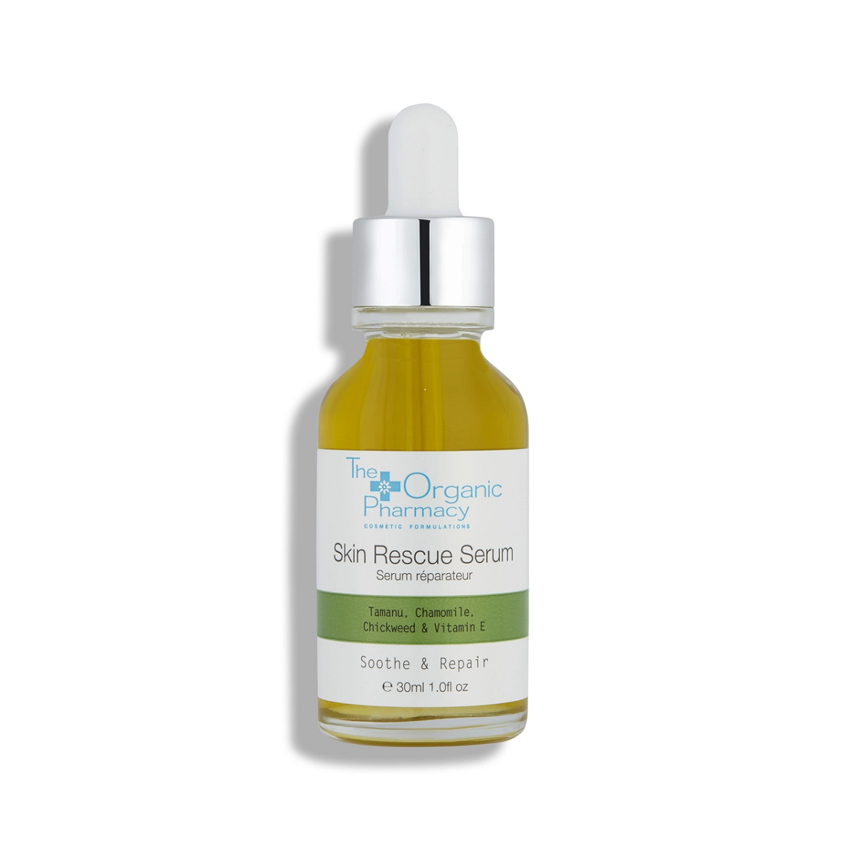 The Organic Pharmacy Skin Rescue Serum in einer Glasflasche mit Pipette auf weißem Grund, 30ml Hautpflege.