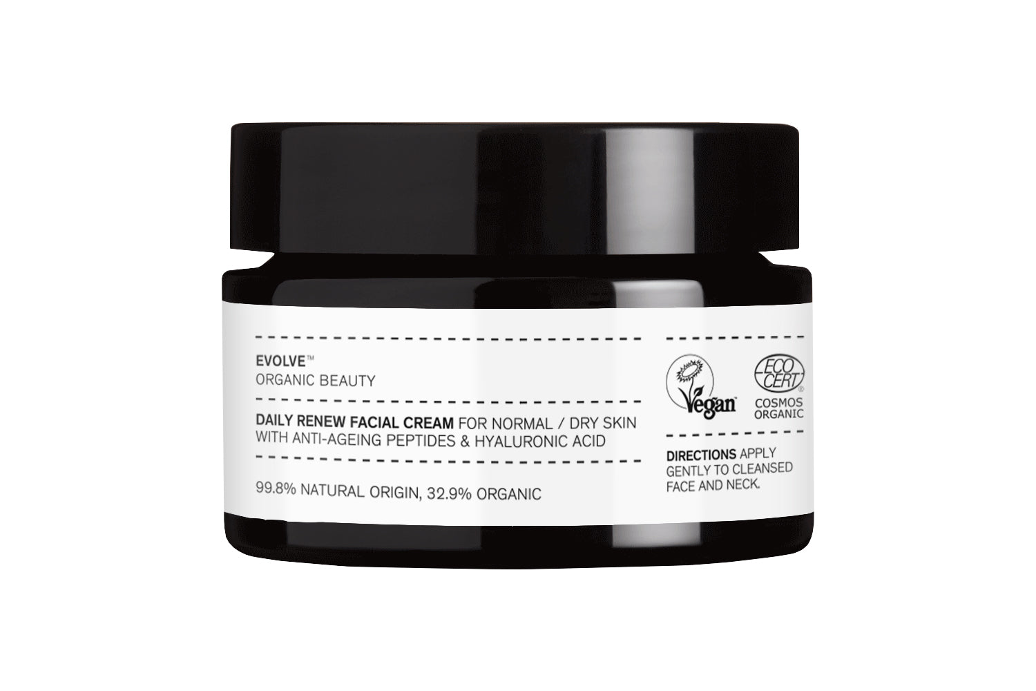 Evolve Organic Beauty Daily Renew Facial Cream in a black jar with black cap on white background, skin care