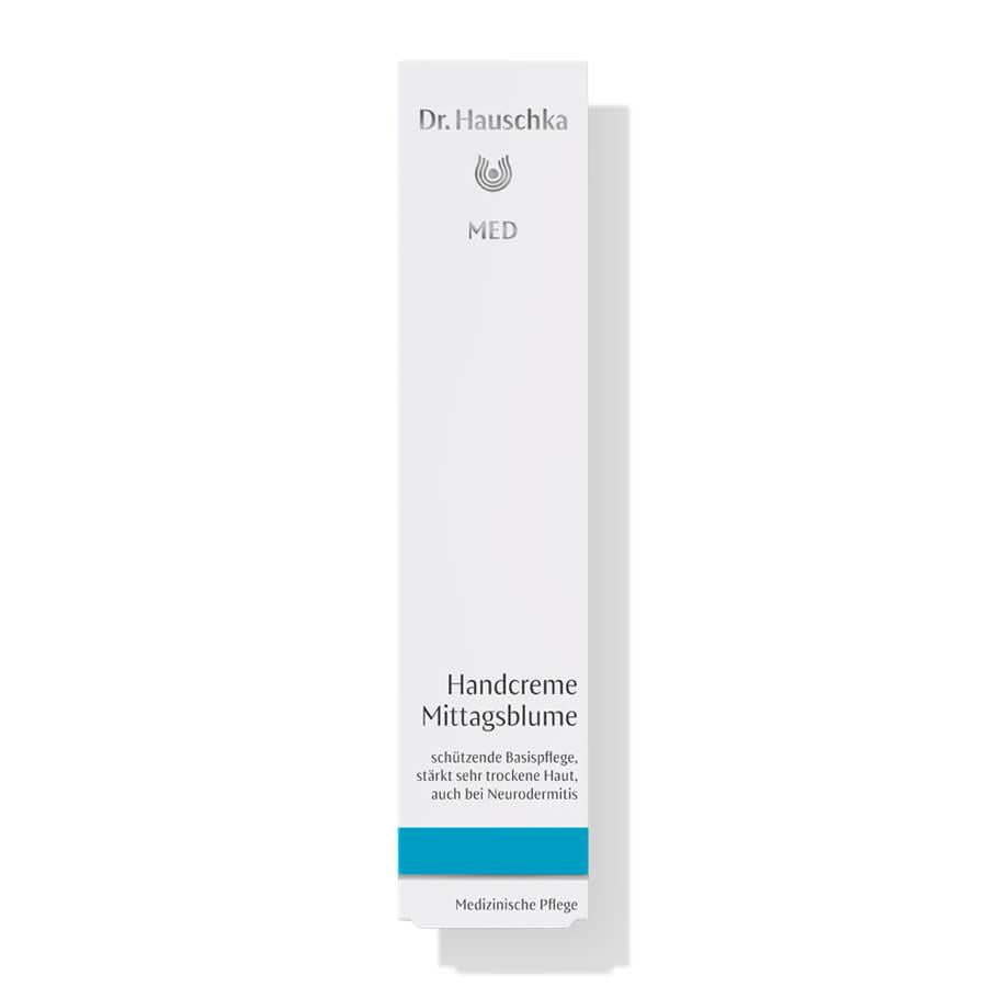 Dr. Hauschka Med Hand Cream Mittagsblume – white tube with blue stripe, white background – skin care