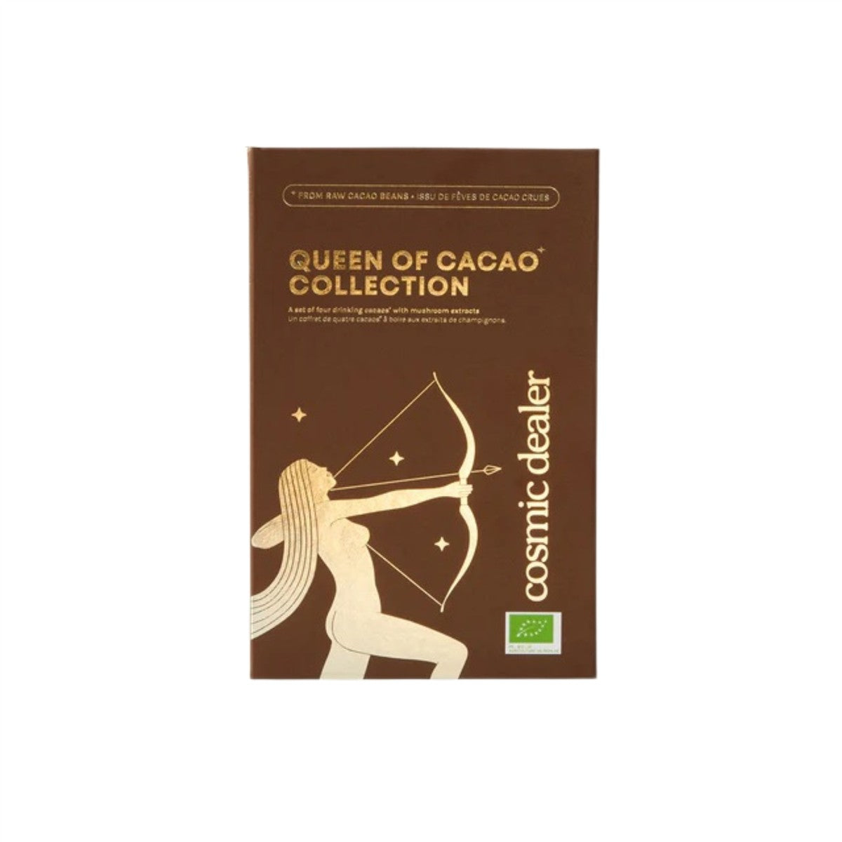 Cosmic Dealer Queen of Cacao Collection – braune Verpackung mit goldener Bogenschützin, weißem Hintergrund – Gesundheitsgetränk