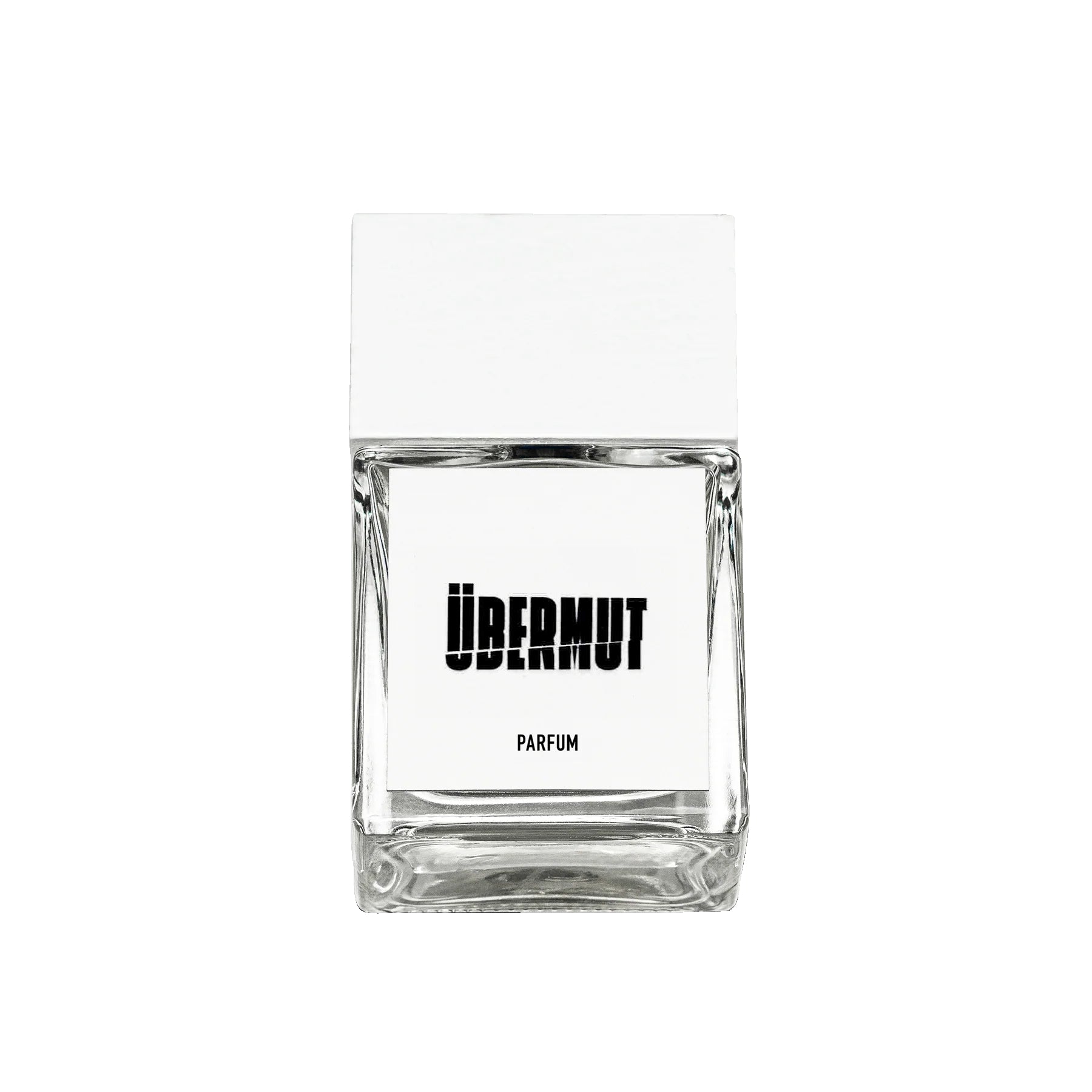 Übermut Parfum – klares Glasflakon 50ml, weißer Deckel, weißer Hintergrund – Parfüm