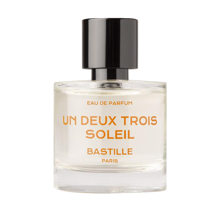 Un Deux Trois Soleil Eau de Parfum – klares Glasflakon 50ml, schwarzer Deckel, weißer Hintergrund – Parfüm