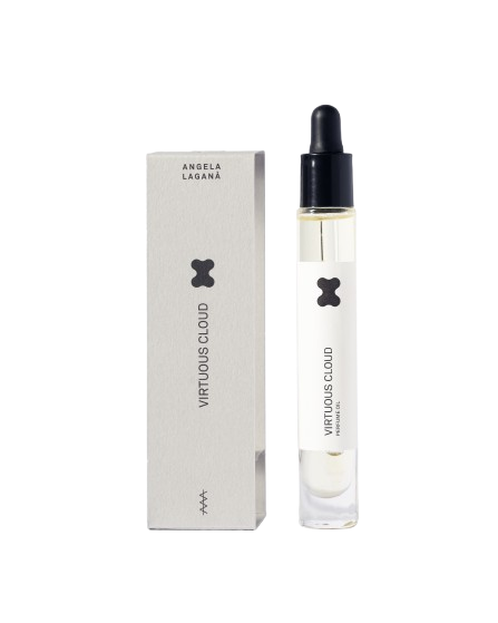 Virtuous Cloud Perfume Oil – clear glass bottle with black dropper cap, white label and grey box – perfume