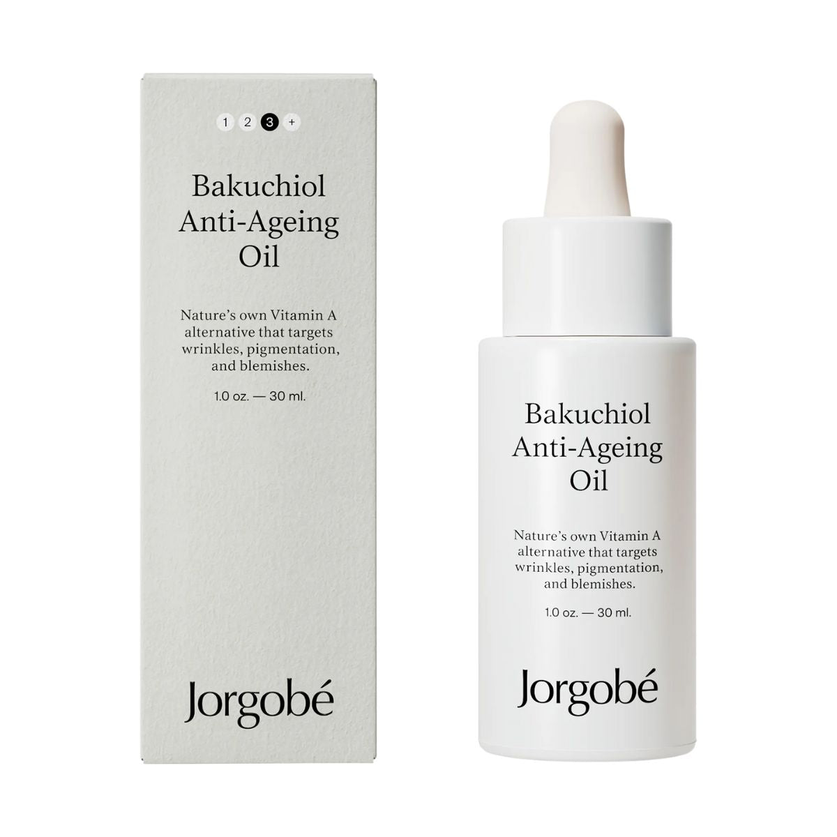Jorgobé Bakuchiol Anti-Ageing Oil – weißes Glasfläschchen 30ml mit Pipettenverschluss, cremefarbener Hintergrund – Hautpflege