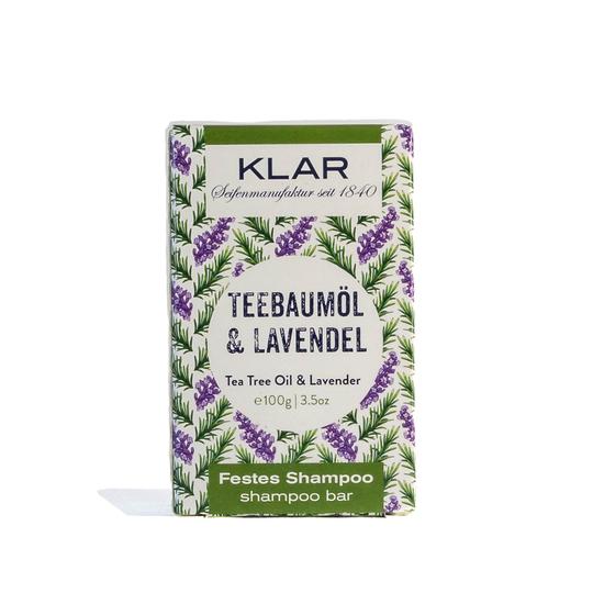 KLAR Solid Shampoo Tea Tree Oil & Lavender – 100g, white-green packaging with lavender design, white background – hair care