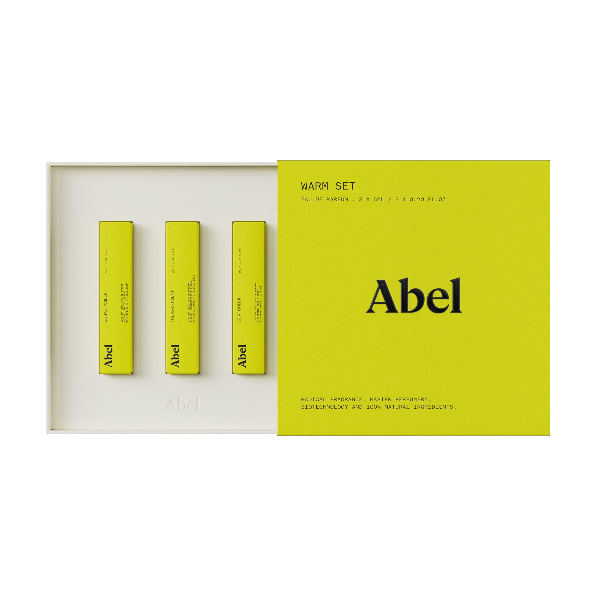 Abel Mini Parfüm Set Warm – drei gelbe Sprayfläschchen à 6ml, weißer Karton, gelber Deckel – Parfüm