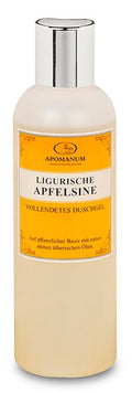 Apomanum Ligurische Apfelsine Shower Gel – cream-colored bottle with silver cap, orange label – skin care