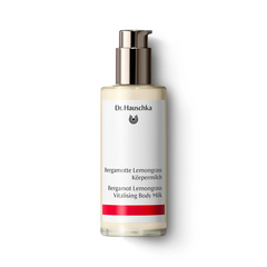 Dr. Hauschka Bergamot Lemongrass Body Milk – clear bottle with pump dispenser, white label and red stripe – body care