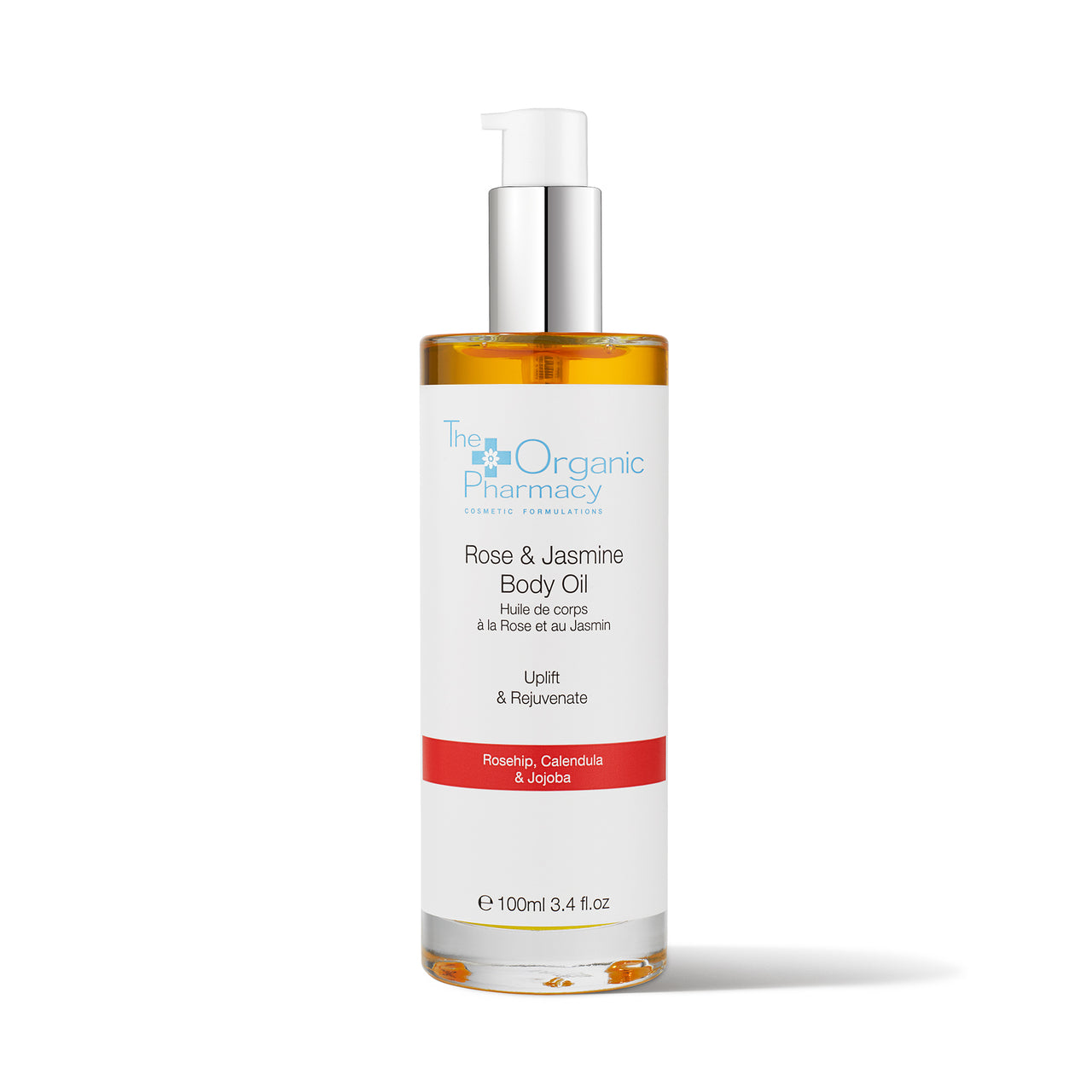 The Organic Pharmacy Rose & Jasmine Body Oil in einer transparenten 100ml Flasche mit Pumpe, weißer Hintergrund, Hautpflege.