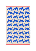 Jumping Dolphins Cotton Handtuch – cream with blue dolphins and red border – bath towel