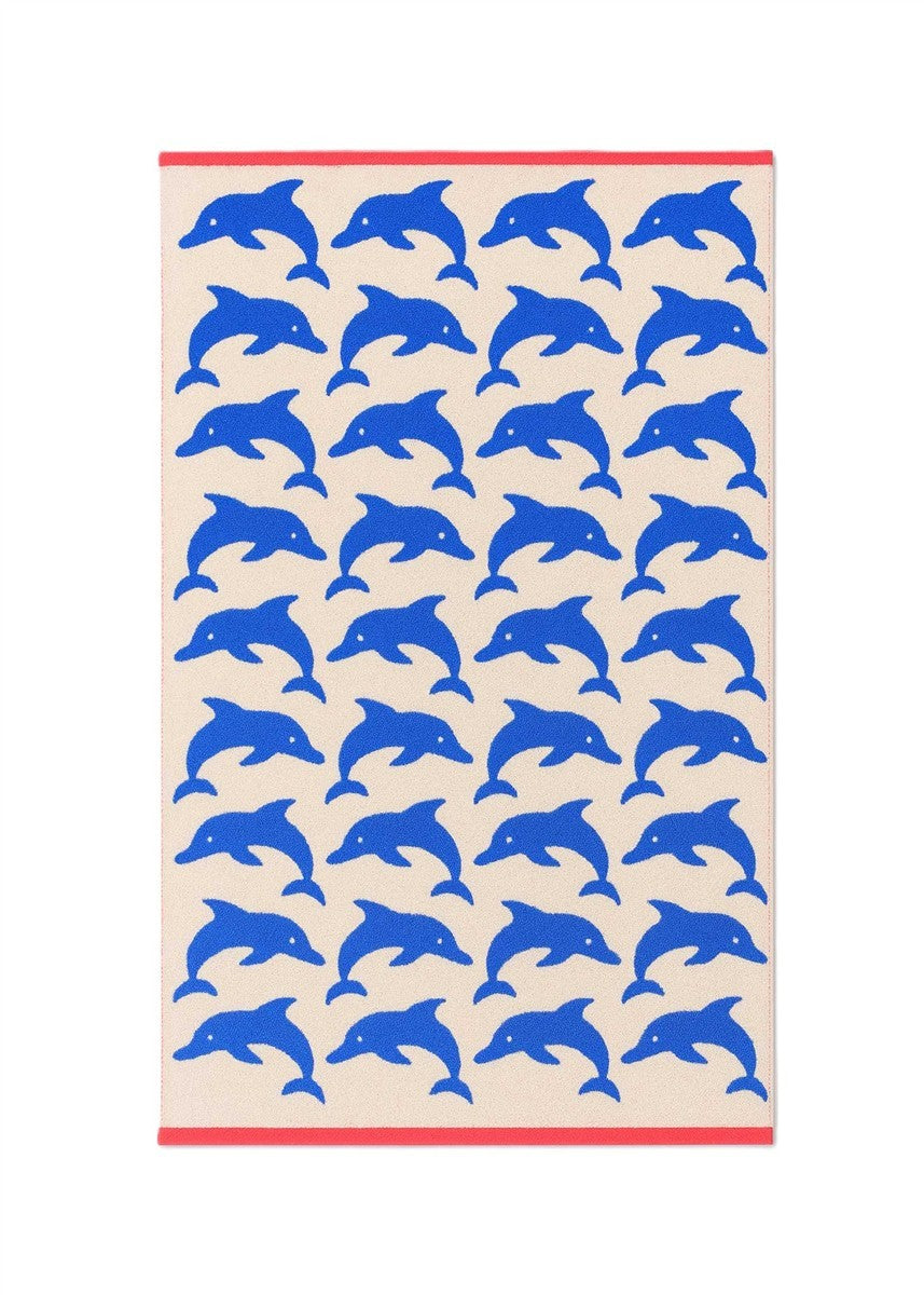 Jumping Dolphins Baumwollhandtuch – cremefarben mit blauen Delfinen und rotem Rand – Badetuch