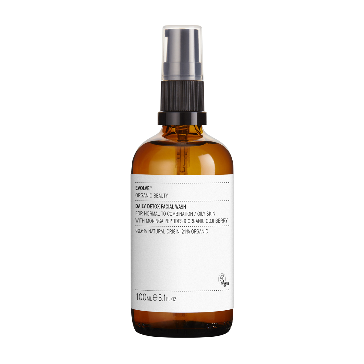 Evolve Organic Beauty Daily Detox Facial Wash in a brown spray bottle, 100ml, for skin care.