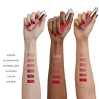 Matte Naturally Liquid Lipstick Refill – clear tube with silver cap, swatches on three skin tones – lipstick