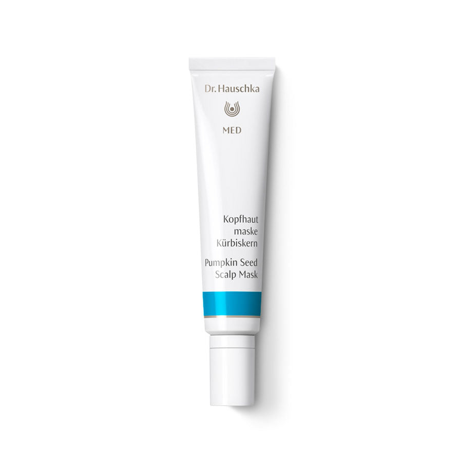 Dr. Hauschka MED Pumpkin Seed Scalp Mask – white tube with blue stripe, white cap, white background – hair care