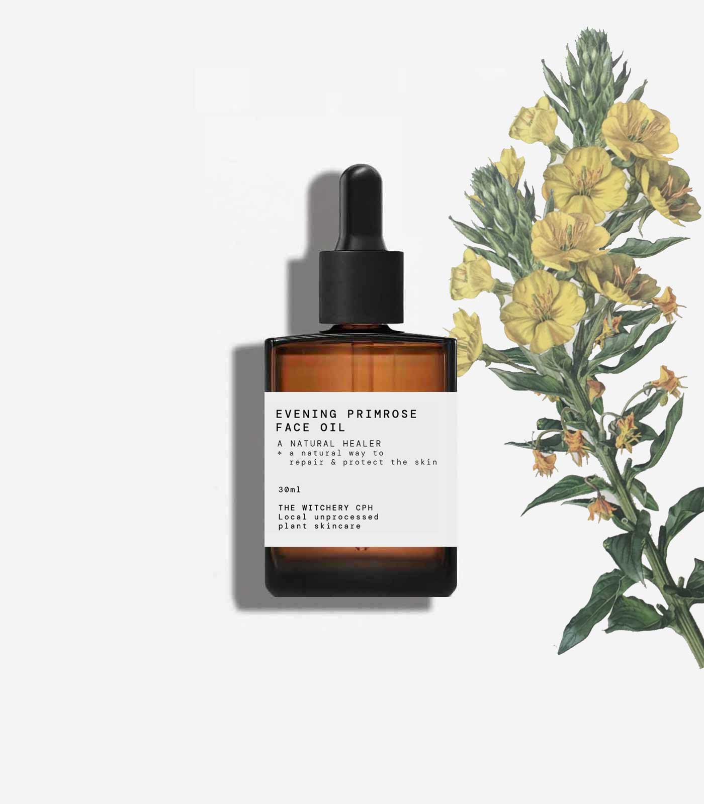 The Witchery CPH Evening Primrose Face Oil in einer braunen Glasflasche mit Pipette auf weißem Grund, 30ml Hautpflege