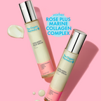 The Organic Pharmacy Collagen Plus Serum in einer Flasche mit silberner Kappe vor rosa Hintergrund, Hautpflege