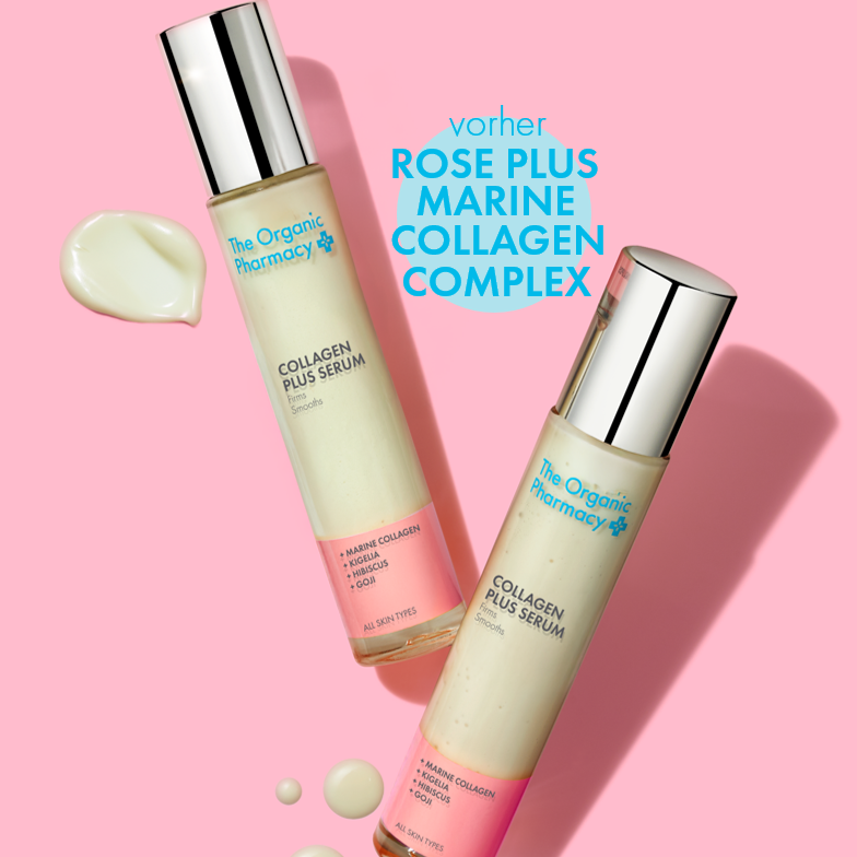 The Organic Pharmacy Collagen Plus Serum in einer Flasche mit silberner Kappe vor rosa Hintergrund, Hautpflege