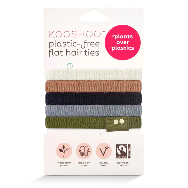 KOO SHOO Plastic Free Flat Hair Ties – 5-pack in natural tones, white cardboard display – hair accessories