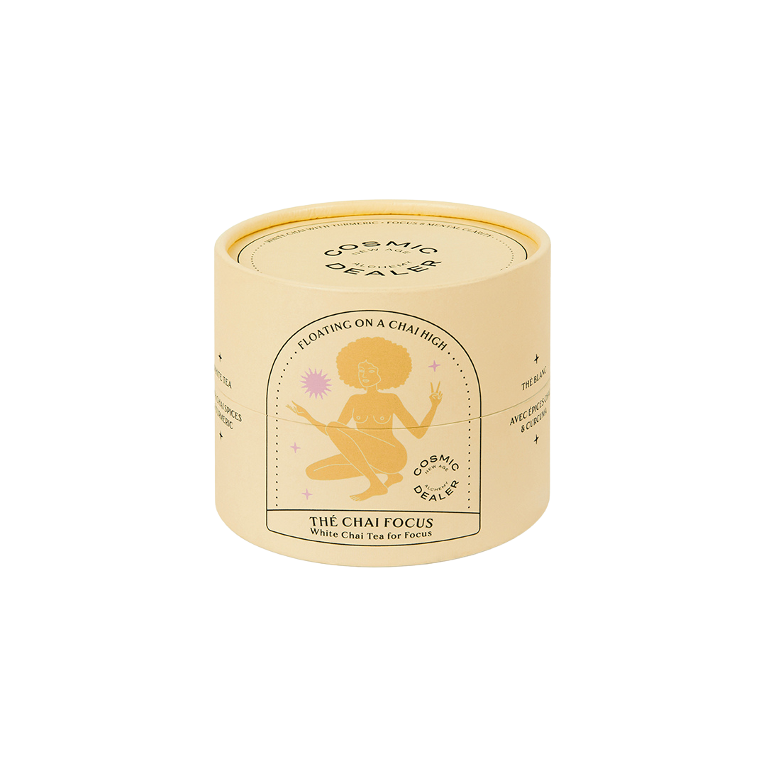 Cosmic Dealer Floating on a Chai High – cream-colored tin, white background – Ayurvedic tea for focus