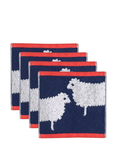 Sheep Organic Cotton Waschlappen – 4 Stück, marineblau mit rotem Rand und Schafmotiv, weißer Hintergrund – Gesichtsreinigung