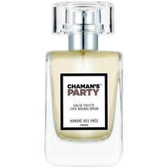 Chaman's Party Eau de Toilette – clear glass bottle with silver spray pump, white label on white background – perfume