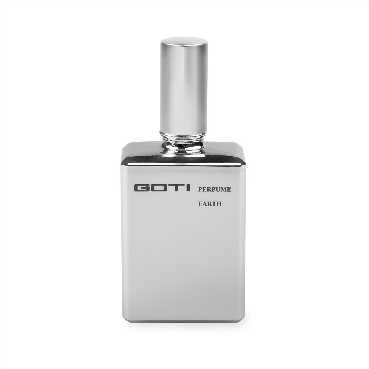 GOTI Earth Eau de Parfum – silberne Sprayflasche mit glänzendem Deckel, weißer Hintergrund – Parfüm