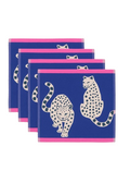 Snow Leopards Organic Cotton Washcloths – blue with pink border, snow leopard print, white background – facial care