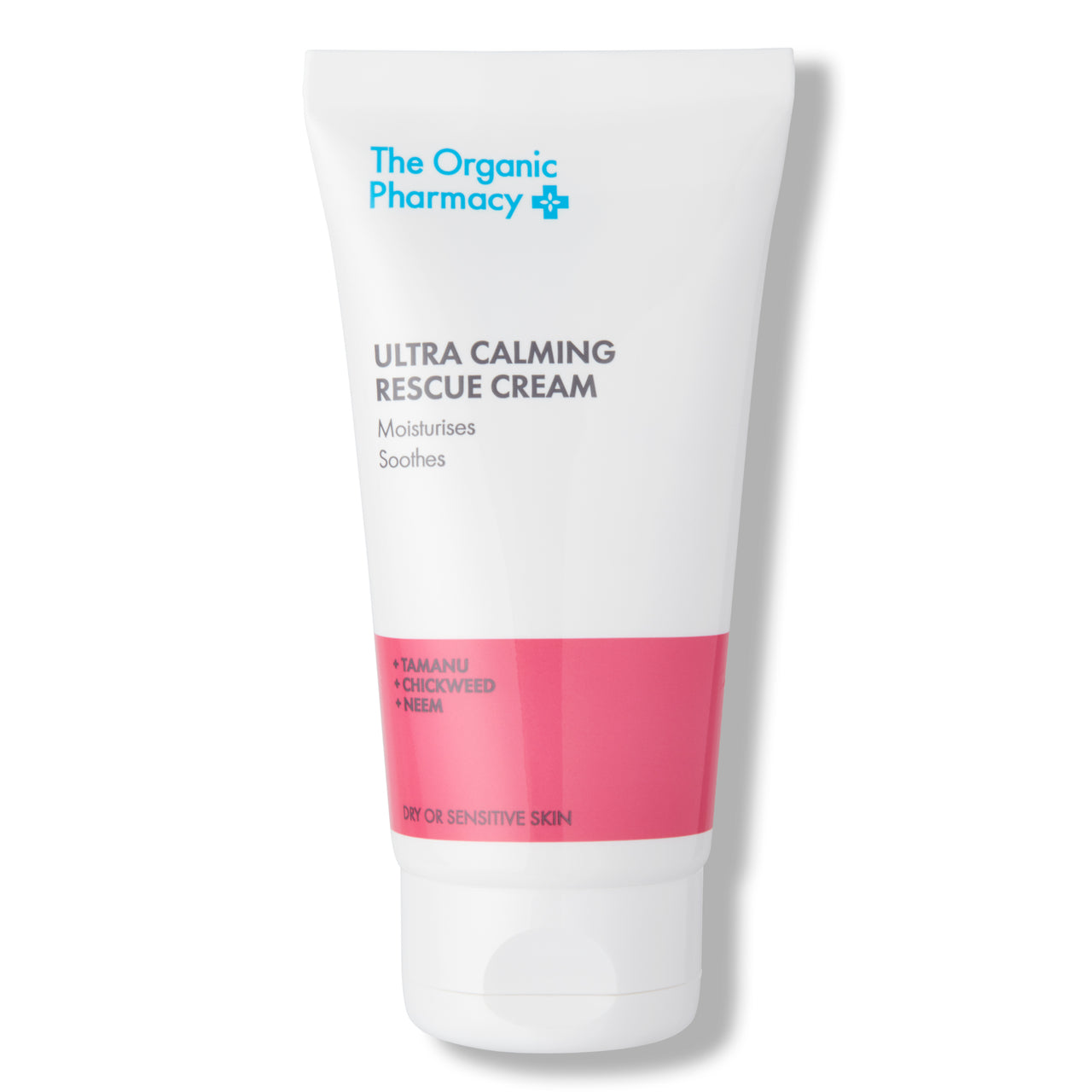 The Organic Pharmacy Ultra Calming Rescue Cream weiße Tube mit weißem Verschluss auf weißem Grund, Hautpflege