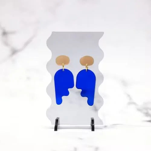 Translucence Vii – blue acrylic earrings with gold posts, white background – jewelry