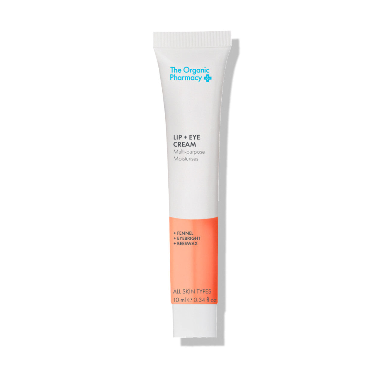 The Organic Pharmacy Lip + Eye Cream in einer Tube mit orangefarbenem Detail, 10 ml, Hautpflege