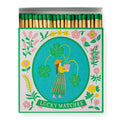 Lucky Matches – bunte Streichholzschachtel mit Kleeblatt-Motiv, grünen Köpfen, weißem Hintergrund – Dekoartikel