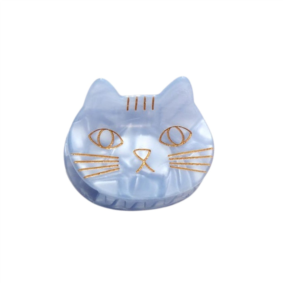 Haarklammer Saltwater Kitty Cat Blau – katzenförmige Haarspange in Hellblau mit Goldakzenten, weißer Hintergrund – Haarstyling