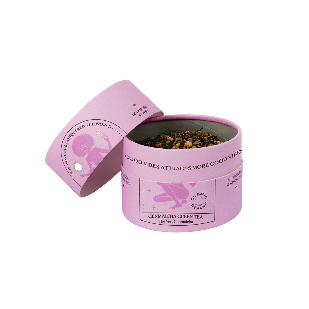 She Woke Up and Conquered the World Genmaicha Green Tea – pink tin with lid, white background – tea