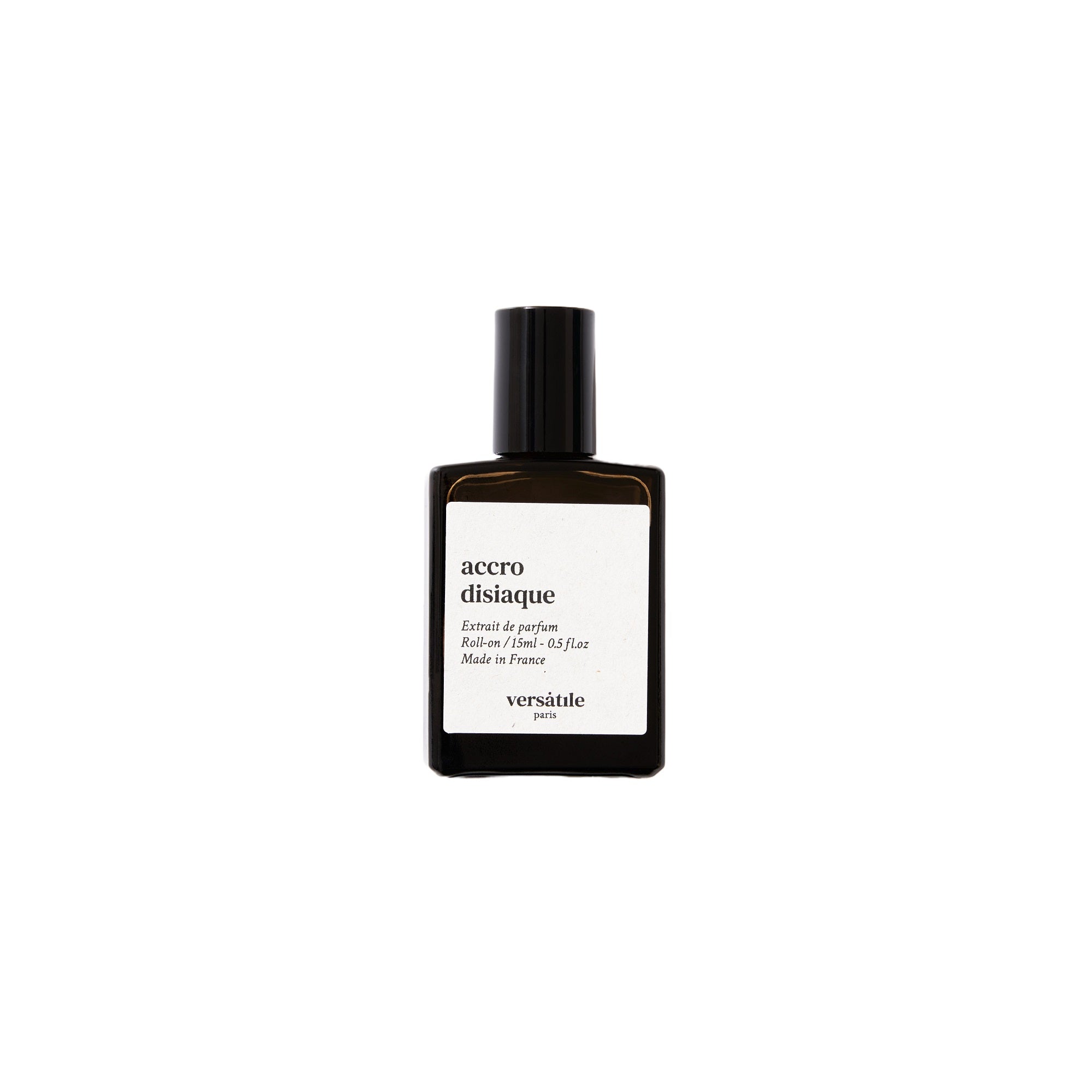 Versâtle Paris Accrodisiaque Roll-on Parfümöl, braune Glasflasche mit schwarzem Deckel auf weißem Hintergrund, Duftöl