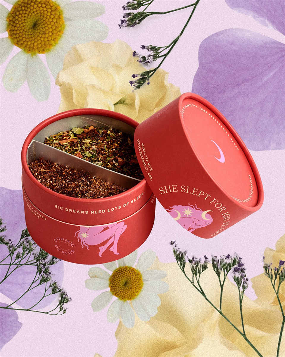 She Slept for 100 Years Tea – red tin with pink design, purple background, divided herbal blend – wellness tea