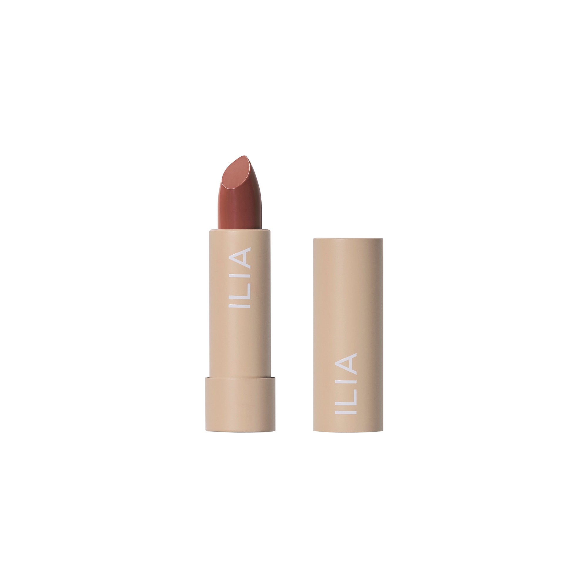 ILIA Color Block High Impact Lipstick in beiger Tube mit passendem Deckel auf weißem Hintergrund, Lippenstift