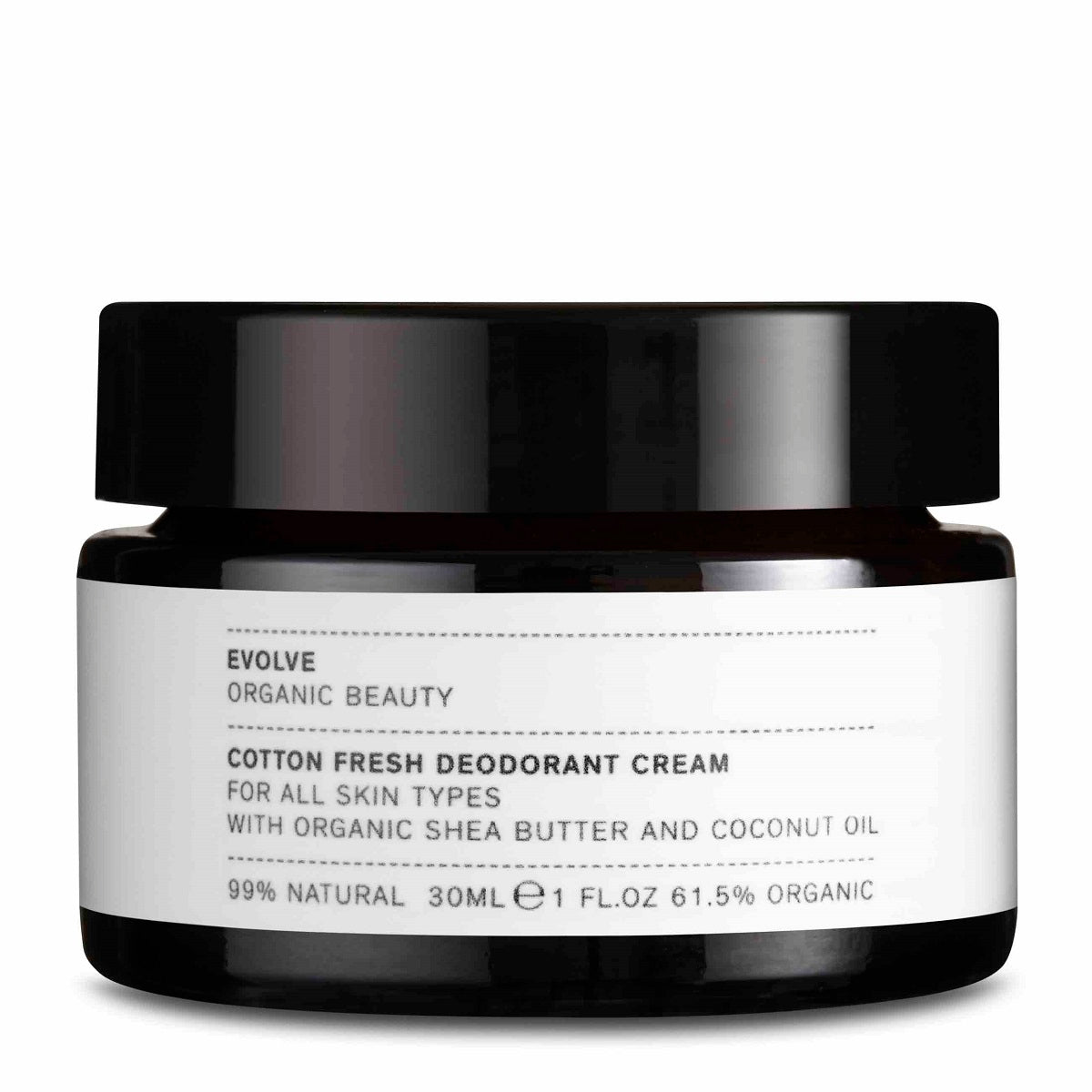 Evolve Organic Beauty Cotton Fresh Deodorant Creme im dunklen Glastiegel mit schwarzem Deckel, 30ml, Körperpflege