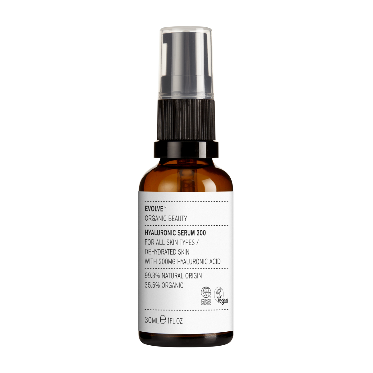Evolve Hyaluronic Serum 200 in a brown 30ml glass bottle with spray pump on white background, skin care