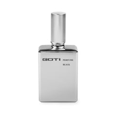 GOTI Black Eau de Parfum – silver spray bottle with shiny cap, white background – perfume