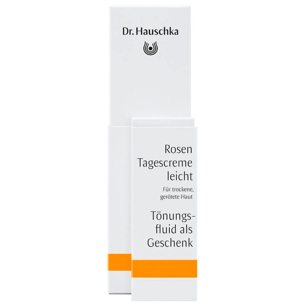 Dr. Hauschka Rosen Tagescreme leicht – weiße Kartonverpackung mit orangefarbenem Streifen, weißer Hintergrund – Hautpflege