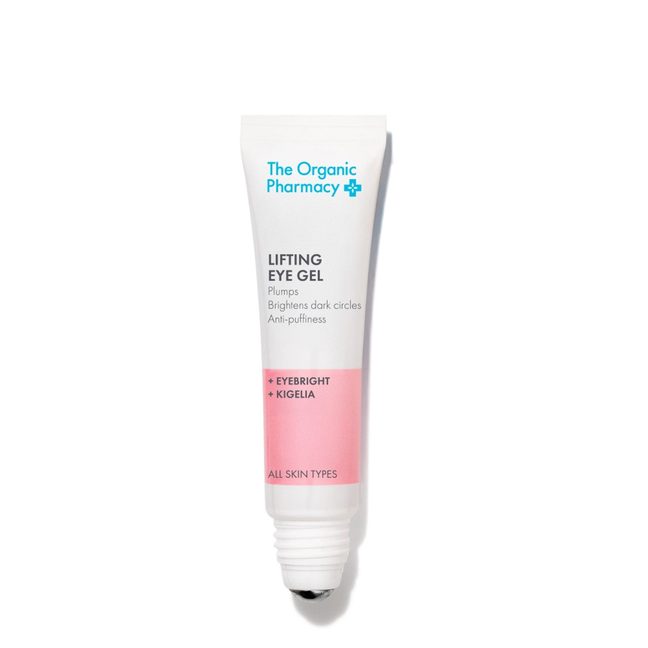 The Organic Pharmacy Lifting Eye Gel in einer Tube mit Schraubverschluss vor weißem Hintergrund, Hautpflege