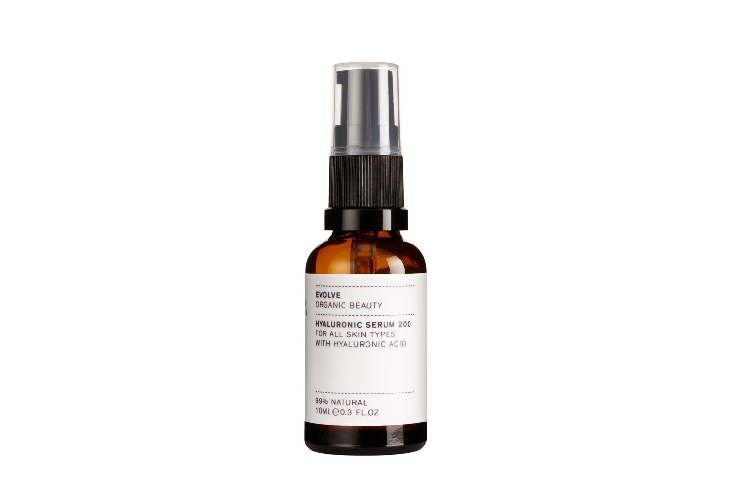 Evolve Organic Beauty Hyaluronic Serum 200 in a brown 10ml spray bottle on white background, skin care