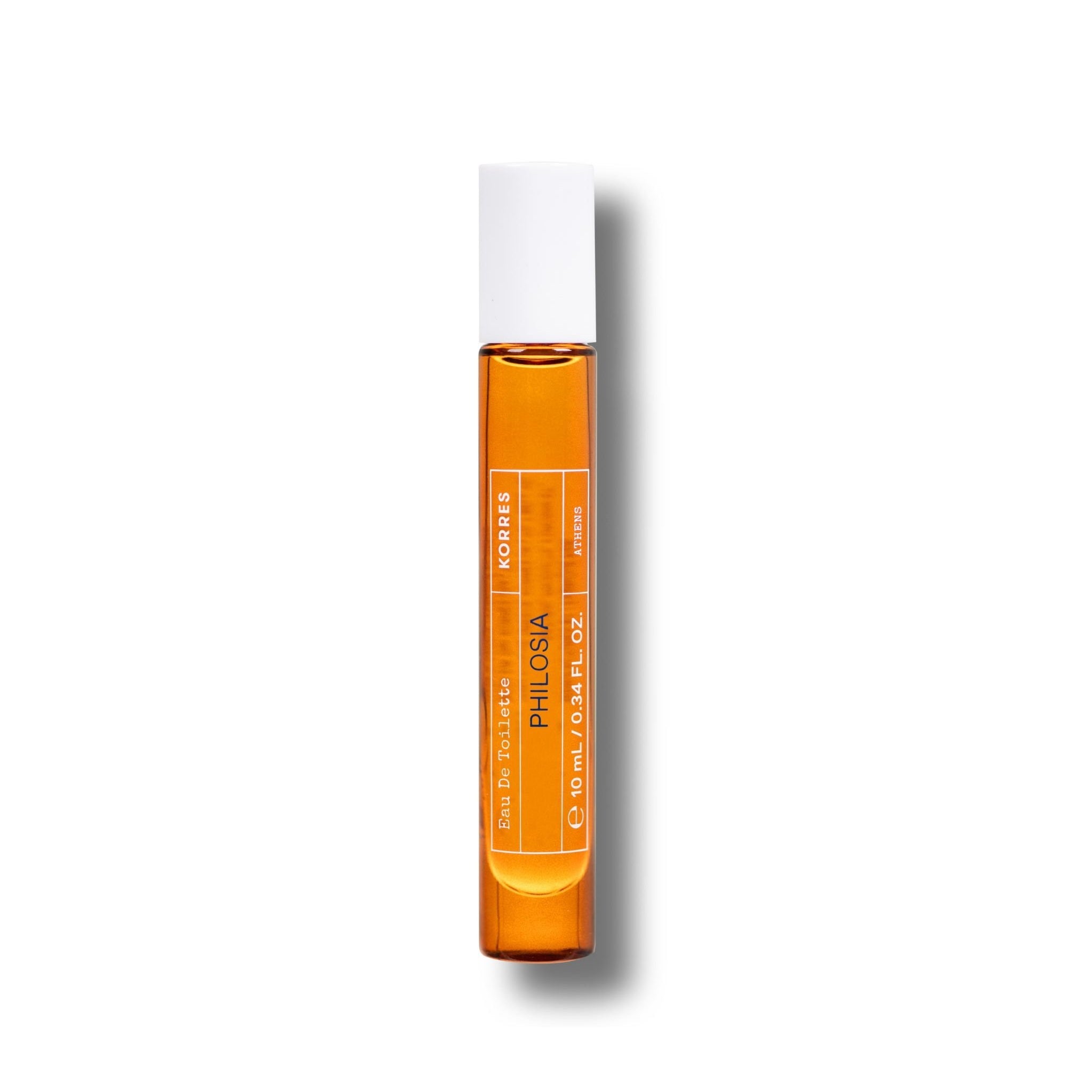 Philosia Eau de Toilette Roller – orangefarbene Glasflasche 10ml, weißer Deckel, weißer Hintergrund – Parfüm