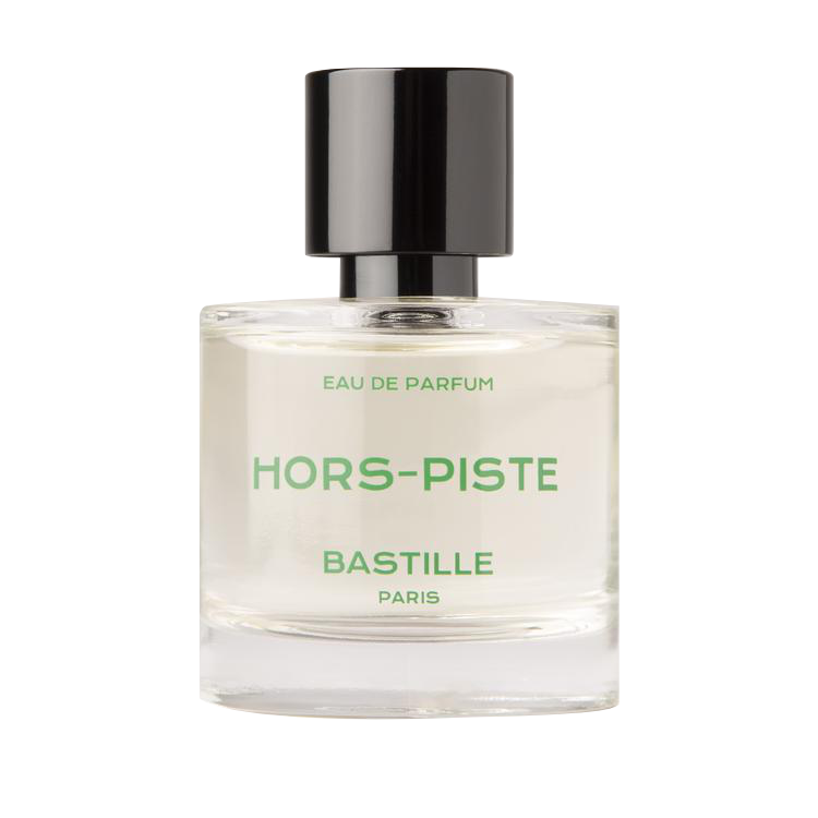 Bastille Hors-piste Eau de Parfum – klares Glasfläschchen mit schwarzem Deckel, grüner Schrift, weißem Hintergrund – Parfüm