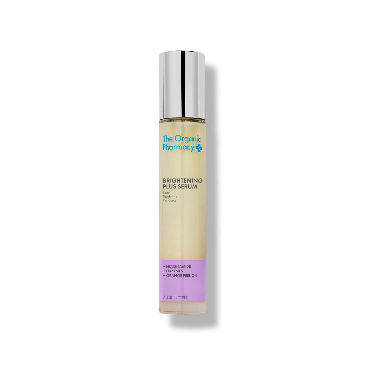 The Organic Pharmacy Brightening Plus Serum in a glass bottle with a silver cap on a white background, skin care