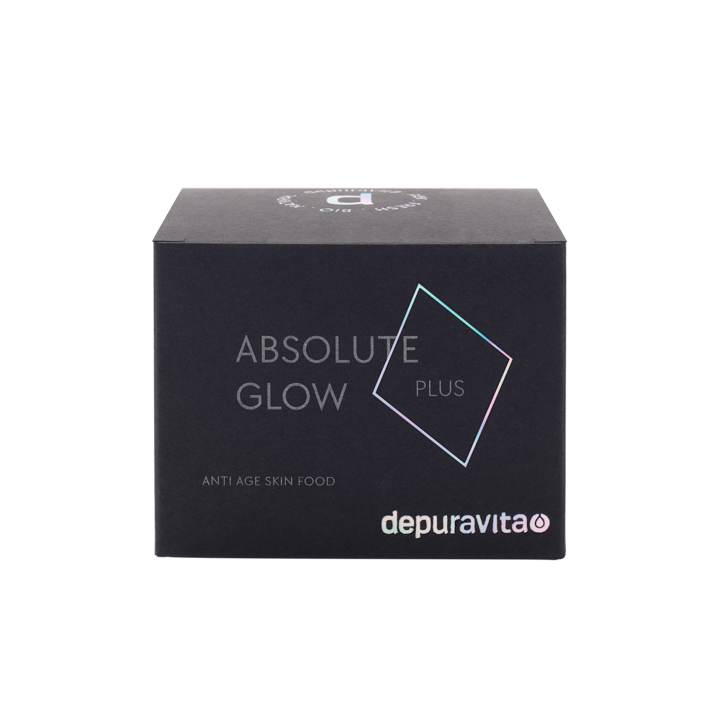depuravita Absolute Glow Plus – black packaging with holographic logo, white background – anti-aging skin care