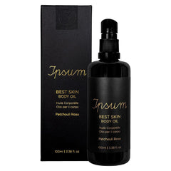 Ipsum Best Skin Body Oil Patchouli Rose – black spray bottle 100ml, gold text, white background – body care