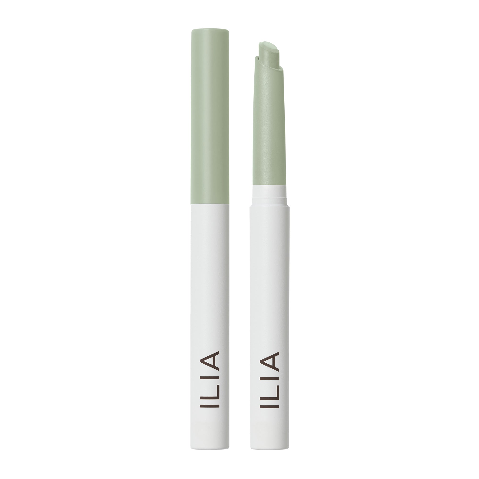 ILIA Eye Stylus Matte, hellgrün-weiße Stiftverpackung mit Kappe auf weißem Hintergrund, Augenmake-up.
