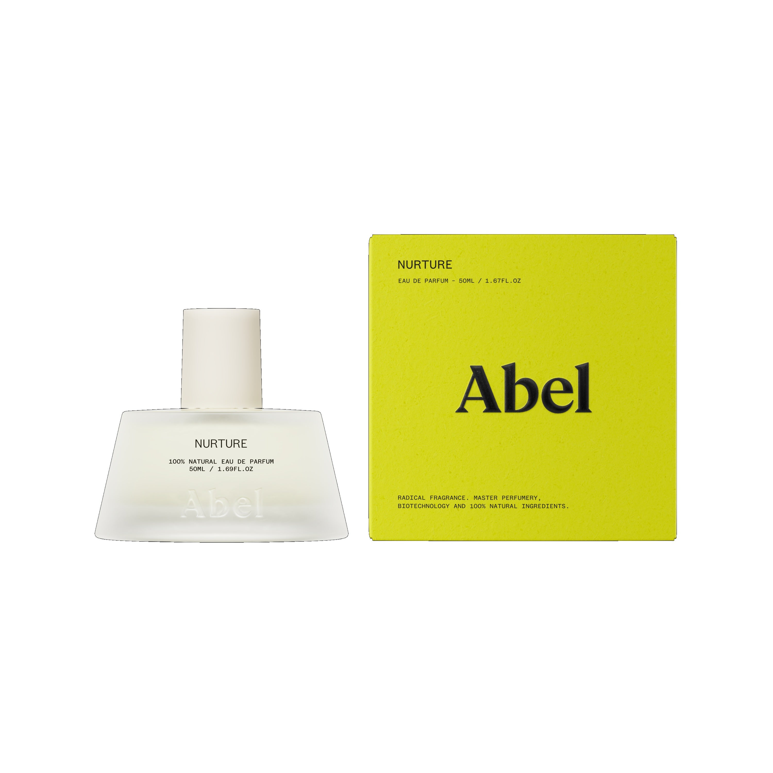 Abel Nurture Eau de Parfum – 50ml Flasche mit weißem Verschluss, gelbe Verpackung, weißer Hintergrund – Parfüm